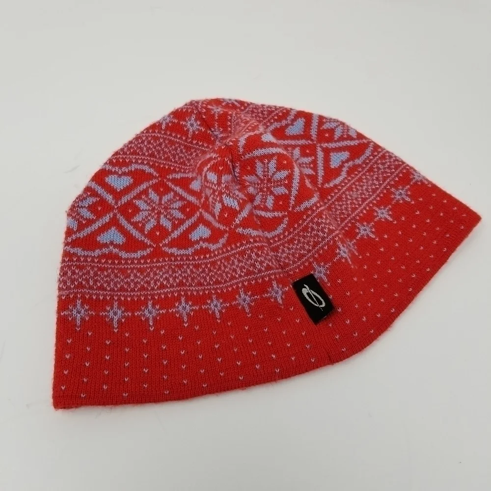 Obermeyer Signature Wool Blend Ladies Hat Beanie Fair Isle Snowflake Red Gray OS